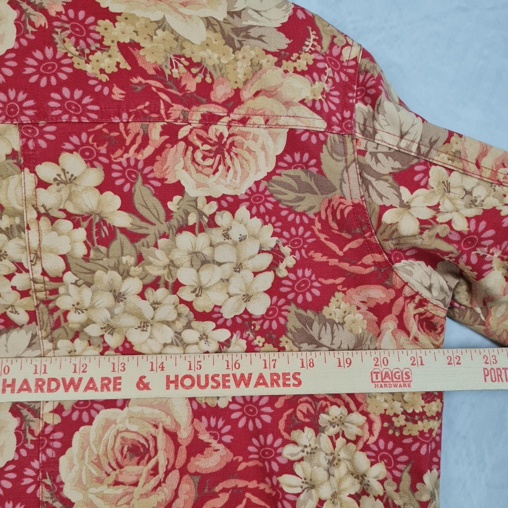 LL Bean Jacket Womens Medium Red Floral Canvas Corduroy Collar Lined Barn Coat - Picture 13 of 16